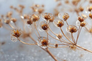 Dried plant seed heads encased in ice against a blurred white and grey background