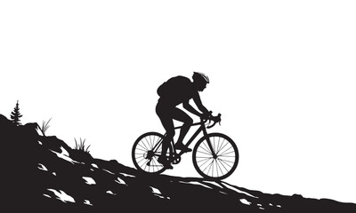 Obraz premium Cyclist riding downhill silhouette. Mountain cyclist riding along rocky path in nature adventure silhouette art