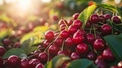 Fresh ripe cherries glistening in sunlight, nestled among vibrant green leaves, showcasing the beauty of nature's bounty in an orchard setting, perfect for seasonal themes