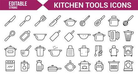 Editable vector icons set for kitchen tools, including pots, pans, and utensils.