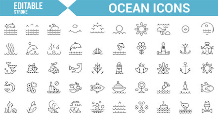 Set of icons for ocean exploration, sea creatures, and water sports in editable vector style.