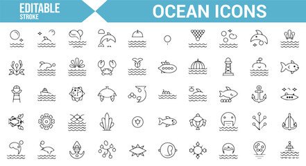 Editable vector icons depicting sea life, beaches, and marine animals.