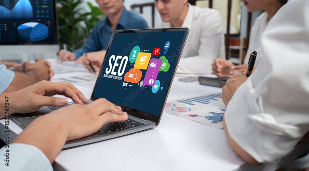 Poster SEO search engine optimization for brisk e-commerce and online retail business showing on computer screen