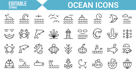 Ocean waves, fish, and tropical island vector icons for digital and web design.