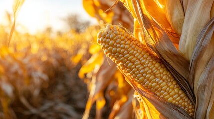 Close-up of ripe corn cob surrounded by golden husks in a sunlit field, showcasing the beauty of agricultural harvest and natural abundance