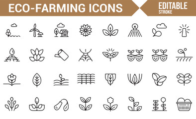 Editable icons for farming and agriculture, including eco-friendly practices and tools.