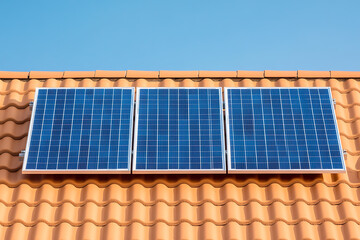 Three solar panels on a terracotta tiled roof against a clear blue sky, representing sustainable energy and home power solutions.