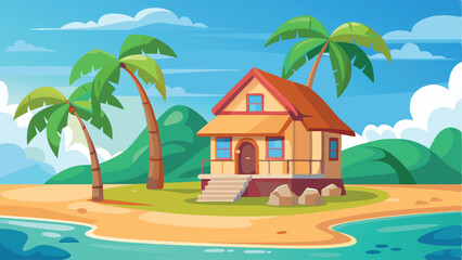 Cartoon Beach House with Palm Trees and Turquoise Water Under a Blue Sky