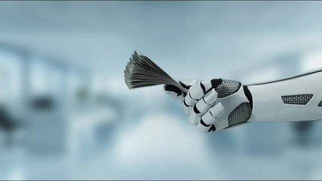 A robotic hand grips a stack of banknotes, signifying the merging of technology and finance in a contemporary office setting. This image encapsulates innovation and automation. MZL