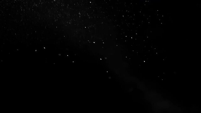 Tiny particles floating in the air. Falling snowflakes agains black backdrop. Winter and Christmas overlay background