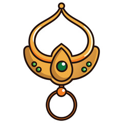 A single, traditional Indian nose ring, a Nath, ornately designed, symbolizing bridal elegance and cultural adornment in Indian fashion.