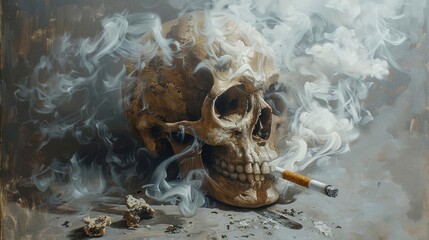 A detailed painting of a human skull smoking a cigarette, surrounded by swirling smoke and ashes.