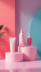 Minimalist geometric stand for cosmetics with empty podium, showcase, stand