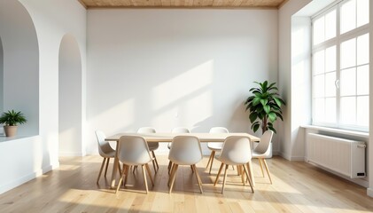 Obraz premium Minimalist meeting room with white walls and wooden floor in loft office, workspace, office