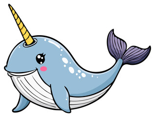 Cartoon Narwhal whale illustration, isolated 