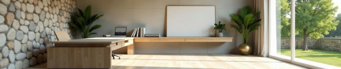 Minimalist study room featuring a stone accent wall and serene outdoor landscape, study room, serene