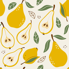 Obraz premium Seamless Pattern: Yellow Pears & Green Leaves