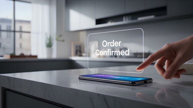 Smartphone screen displaying order confirmation symbolizing e-commerce, digital transactions, mobile payments, and the convenience of online shopping and retail purchases, phone app checkout confirmed