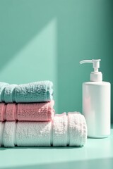 Mockup of towels in bathroom setting with liquid soap dispenser, decor, toiletries