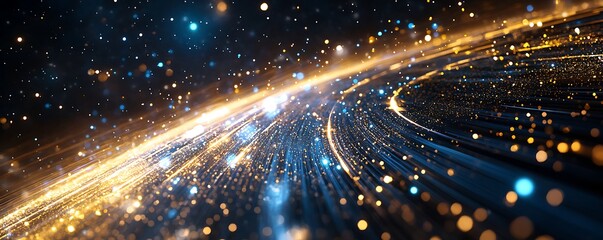 Abstract digital background with luminous gold and blue light particles. Modern data flow stream visualization. Big data and technology concept
