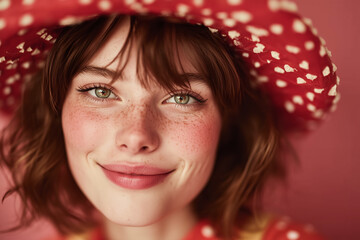 Smiling white woman with freckles wearing a red fly agaric mushroom hat, close-up portrait against pink background. Concept of whimsy, microdosing, and psychedelic fantasy.