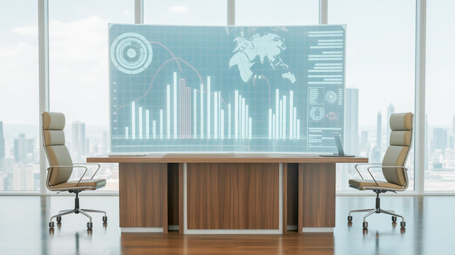 Futuristic business presentation with holographic charts and tech elements in a digital workspace