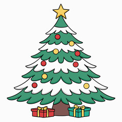 Fototapeta premium Festive christmas tree illustration with ornaments and gift boxes on a white background