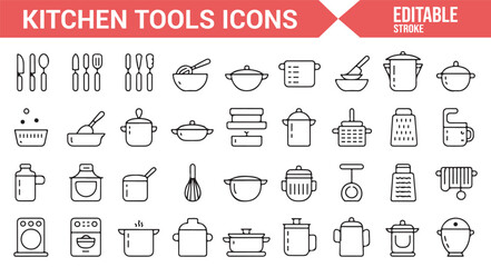 Editable vector icons for kitchen essentials, cookware, and kitchen tools for cooking.
