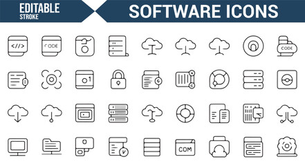 Editable line icons for file management, software development, and cloud security.