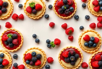 Overhead view of a repeating pattern of delicious berry pies, perfect for baking backgrounds, print, seamless pattern