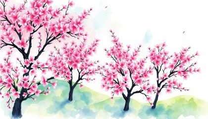 Fototapeta premium Overhead watercolor painting of blossoming sakura trees, arranged in a landscape design schematic , elegant, Japanese