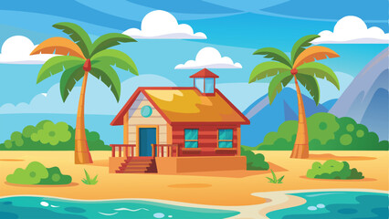 Colorful Beach House Under Blue Skies and Palm Trees Illustration, Vacation Home