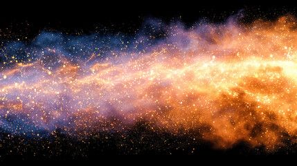 Abstract space-inspired burst of glowing orange and purple particles on a black background. Cosmic energy effect