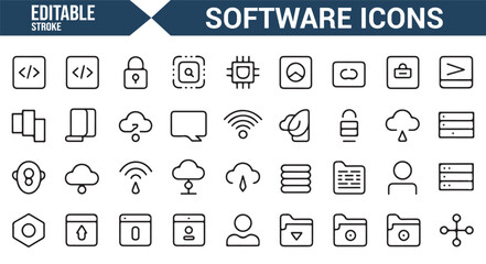 Editable vector icons for software applications, coding, cloud, and security features.