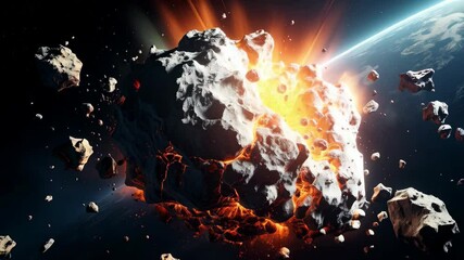 Dramatic cosmic event with exploding asteroid and debris field viewed from space near a planetary horizon, showcasing destruction and celestial phenomena. - Powered by Adobe