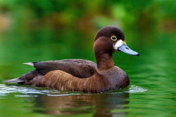 Fototapeta premium Female Tufted Duck swims on water Dark plumage iridescent sheen yellow eyes grayblue bill with black tip Green background