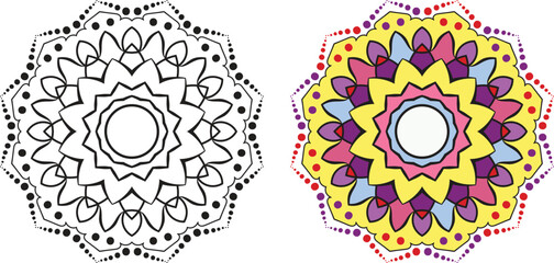 Colorful Mandala Design with a Black and White Outline. abstract floral ornament