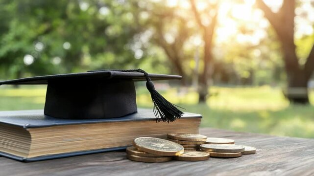Academic return: higher tuition symbol, learning expense, cap display, stacked book, earnings potential, educational fee, financial path, degree pursuit, study value, coin concept, university price.