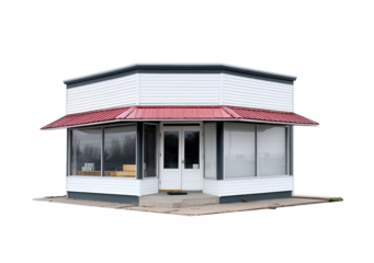 Octagonal white building with red roof and glass windows on transparent background, PNG