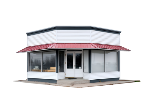 Octagonal white building with red roof and glass windows on transparent background, PNG