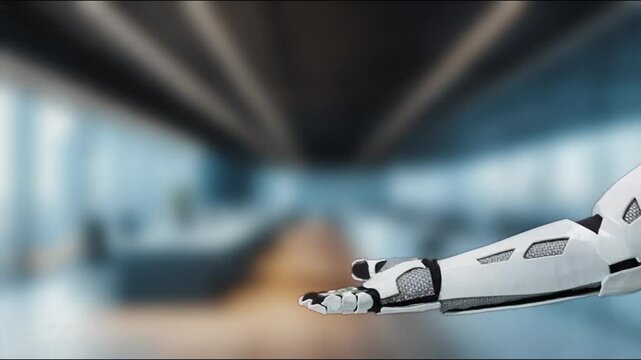 A futuristic robotic arm elegantly tosses coins in a sleek modern office, representing the intersection of technology and business. Perfect for finance-related themes. MZL