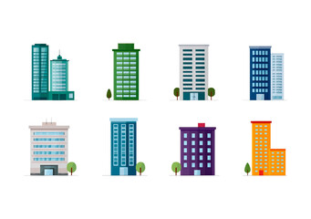 Colorful urban building collection featuring diverse architectural styles on transparent background, PNG