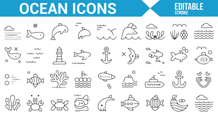 Editable vector icons for ocean, sea life, and marine animals in underwater landscapes.