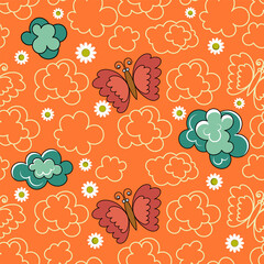 Seamless pattern with pink butterflies, clouds and daisies on an orange background. Vector illustration