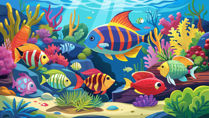 Fototapeta premium Tropical sea underwater fishes on coral reef. Aquarium oceanarium wildlife colorful marine panorama landscape nature snorkel diving