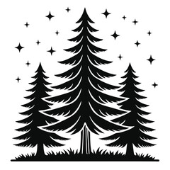Obraz premium Stylized black forest scene featuring pine trees with starry night sky isolated on white