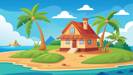 Cartoon Beach House on Tropical Island with Palm Trees and Blue Sea