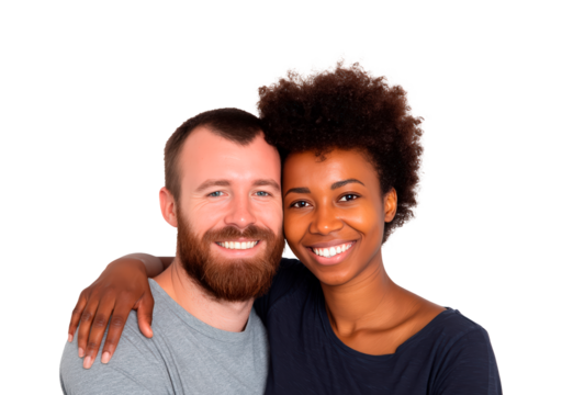 Smiling interracial couple embracing happiness and joyful connection on transparent background, PNG - Powered by Adobe