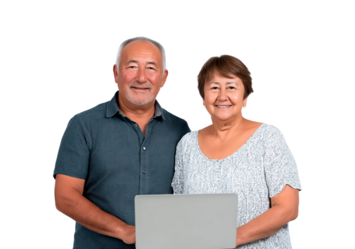 Elderly couple smiling with laptop on black background on transparent background, PNG