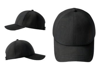 Black baseball cap front and side views on transparent background, PNG